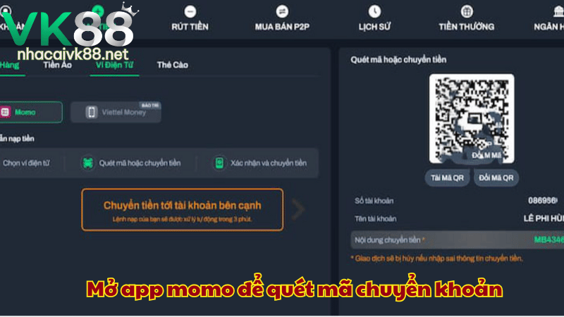 Mở app momo để quét mã chuyển khoản